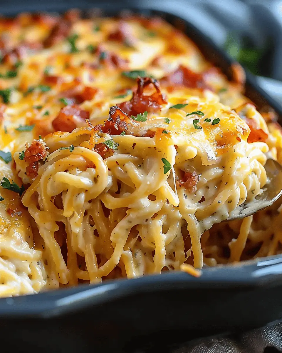 Creamy Southern Spaghetti Bake with Turkey Bacon and Chicken Ham