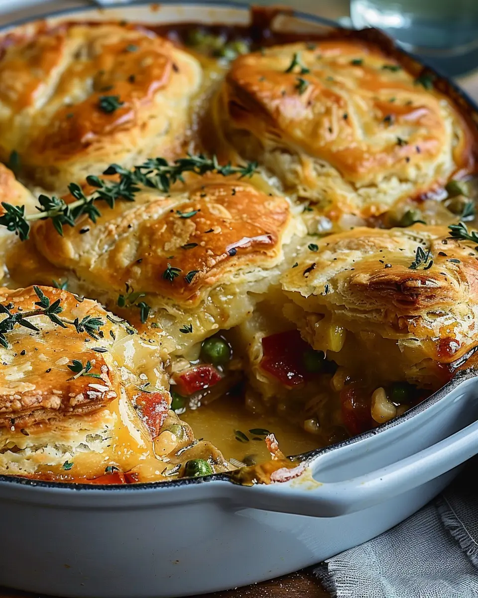 Savory Breakfast Pot Pie with Honey Butter Biscuit Topping Delight