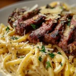 Steak and Creamy Garlic Parmesan Pasta