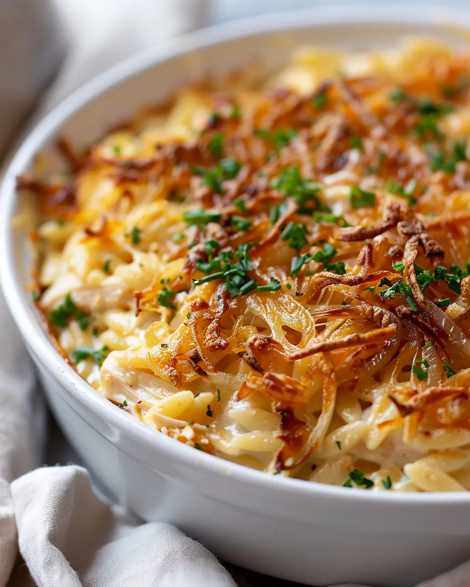 French Onion Chicken Orzo Casserole with Turkey Bacon Delight