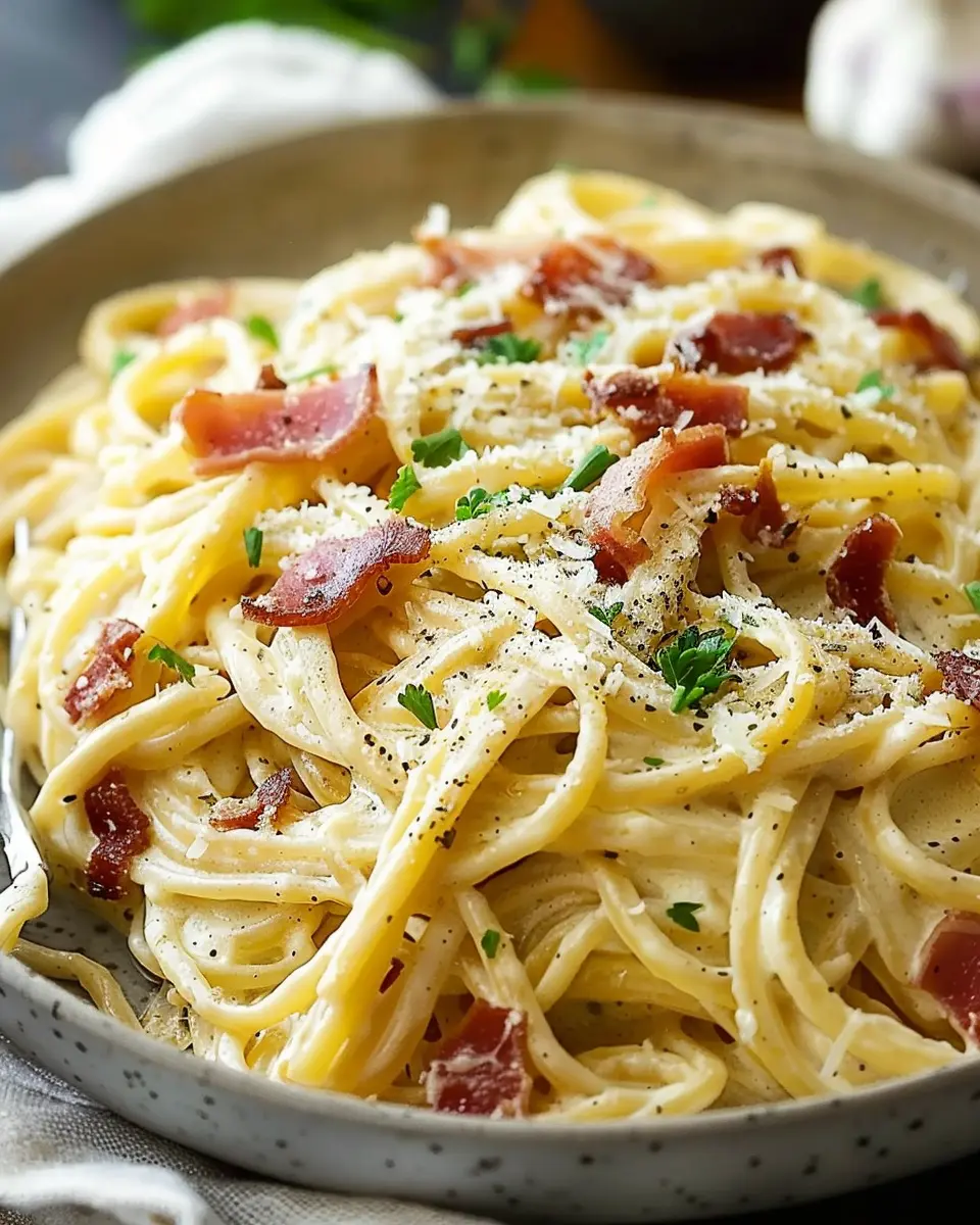 Easy Creamy Carbonara Pasta with Turkey Bacon and Chicken Ham