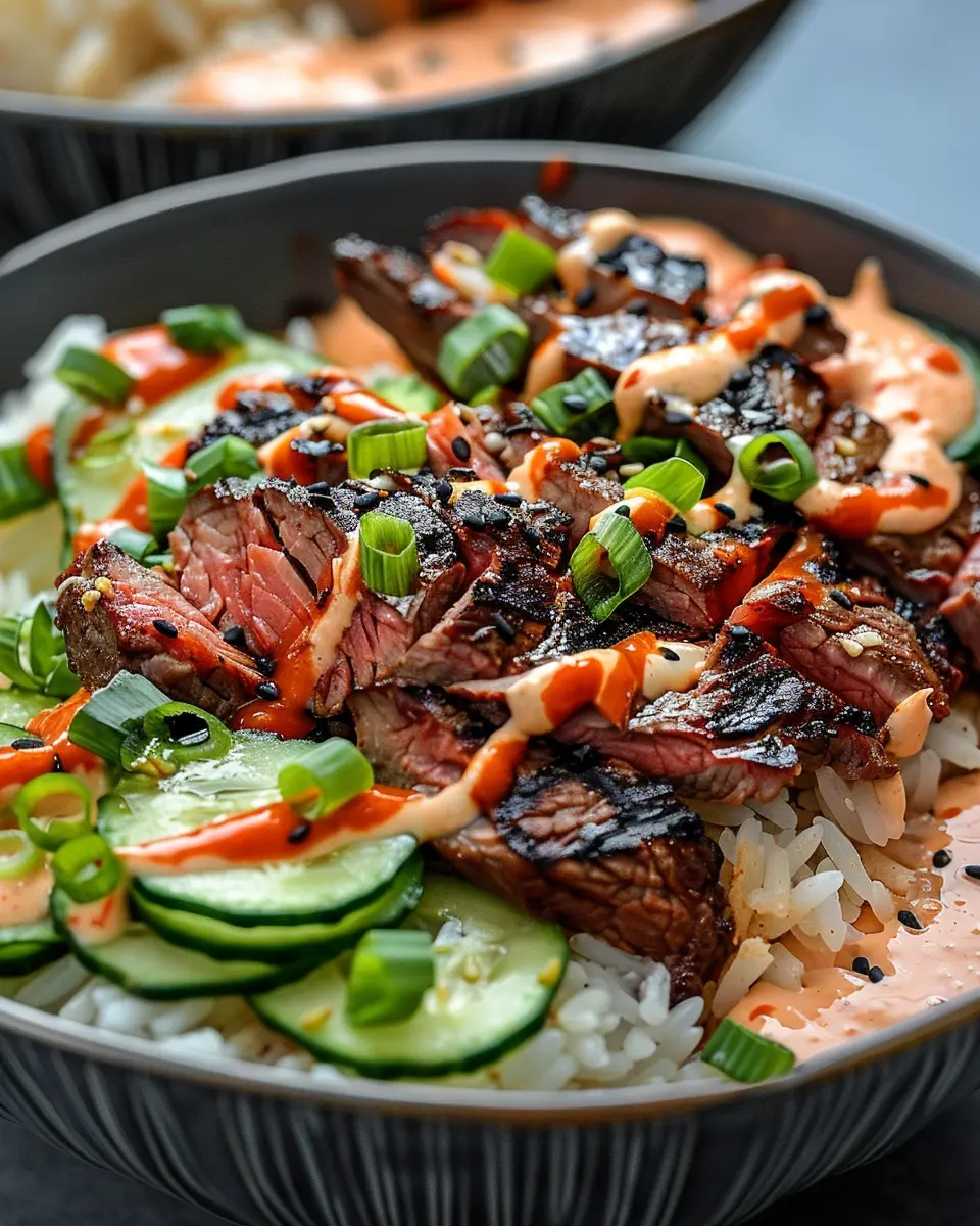 Korean BBQ Steak Rice Bowls with Spicy Cream Sauce: Irresistibly Flavorful