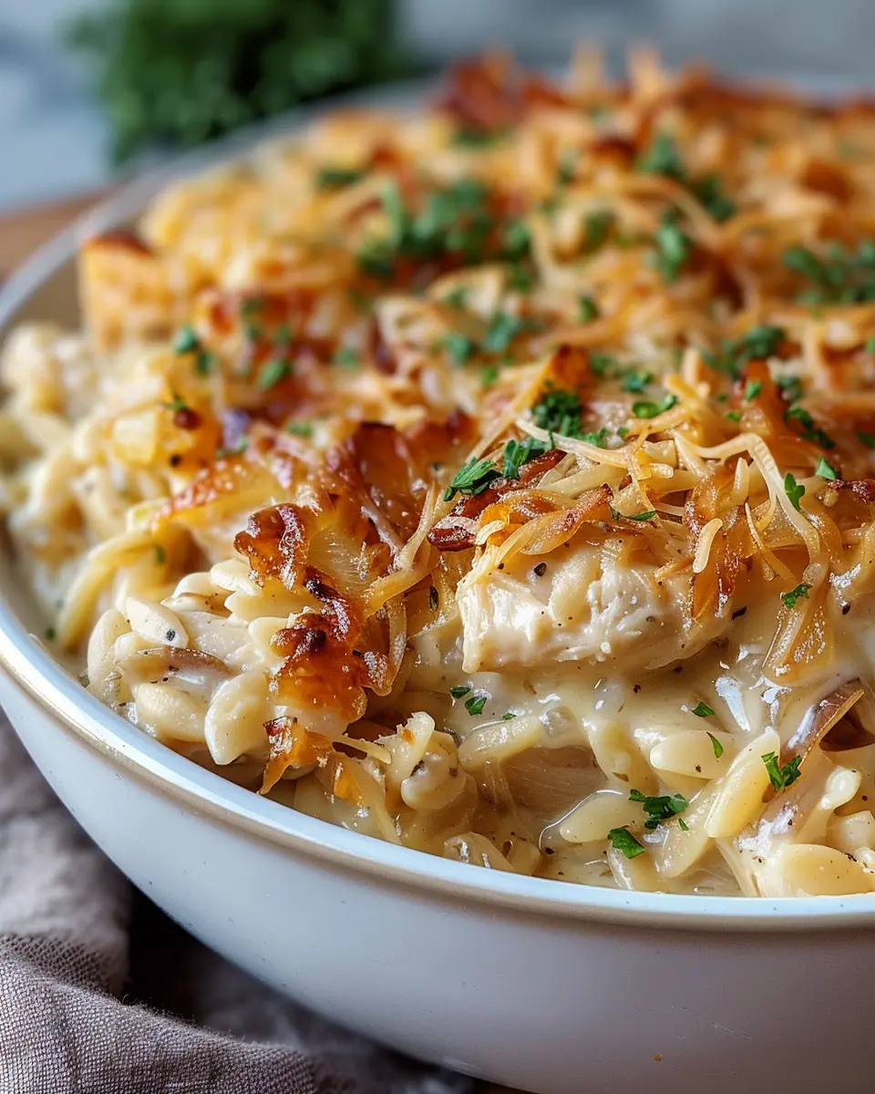 French Onion Chicken Orzo Casserole: Easy, Comforting Delight