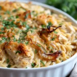 French Onion Chicken Orzo Casserole